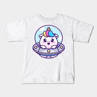 Cute unicorn flying with spaceship ufo cartoon Kids T-Shirt